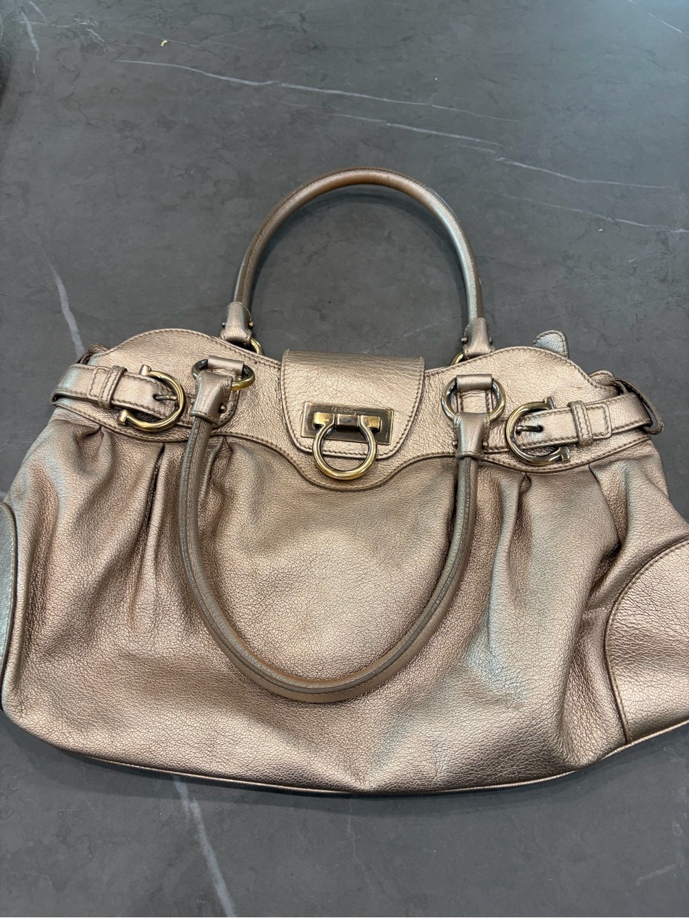 Salvatore Ferragamo Metallic Bronze Leather Satchel with Gold Hardware